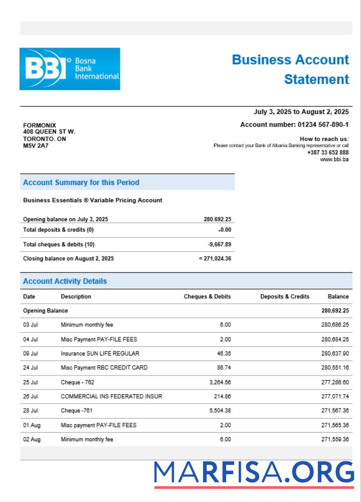 Printable Bosna Bank firm account statement Word and PDF format download for verification